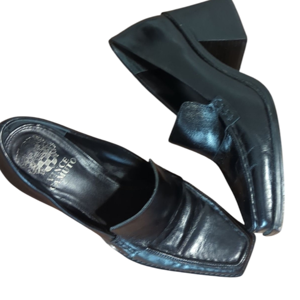 Vince Camuto Black Slip-On Heeled Loafers Square Toe  Polished Finish Sz 8 - Picture 8 of 14